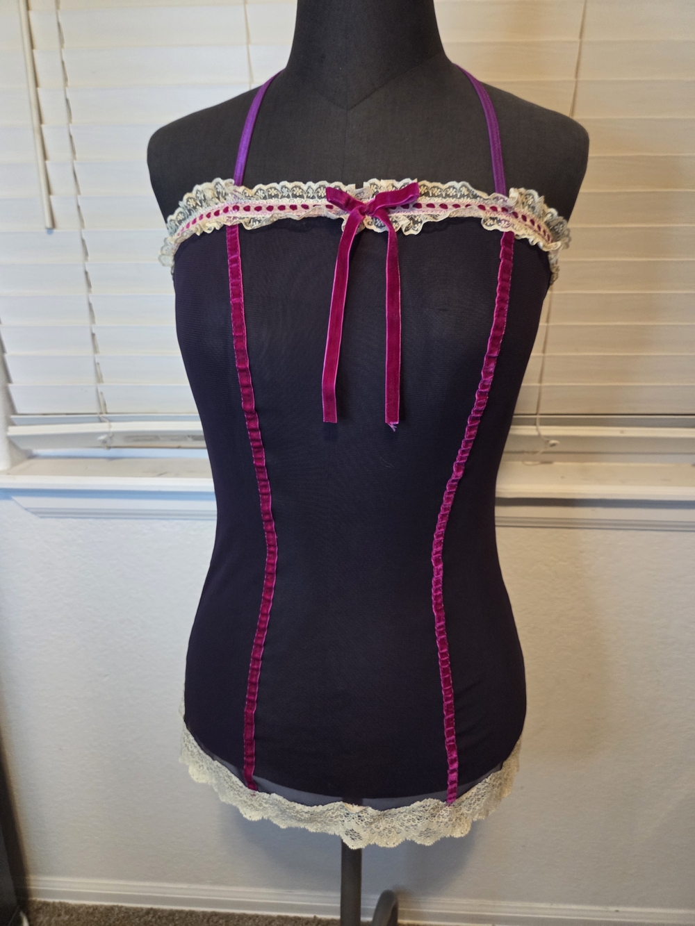 Leg Avenue Black Camisole with Fuchsia Accents and Cream Lace